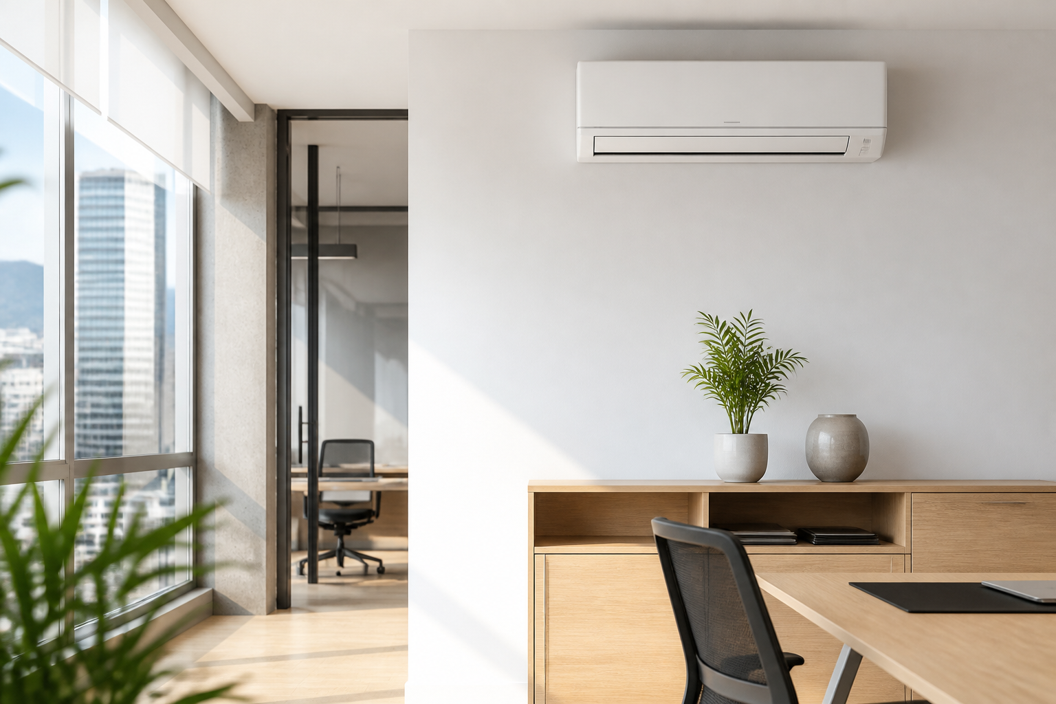Cómo mejorar la eficiencia energética de la climatización en edificios Oficina remodelada con aire acondicionado eficiente instalado